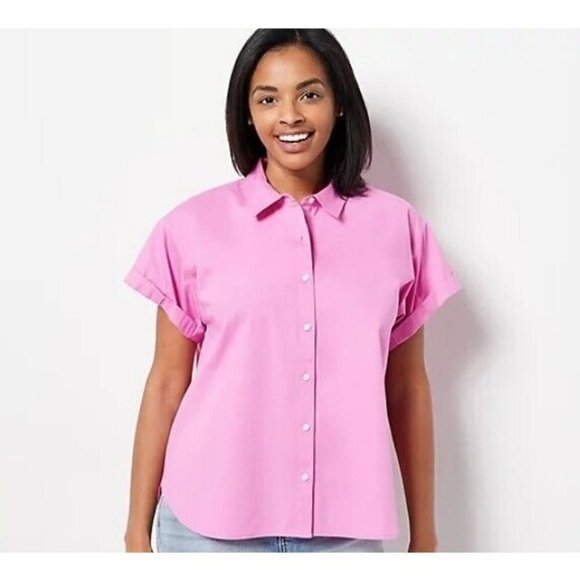 Candace Cameron Bure Stretch Poplin Short-Sleeve Shirt Plum Benne Medium - Picture 1 of 1
